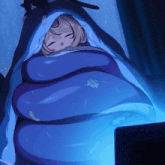 a cartoon of a girl wrapped in a blue blanket with a laptop in the background