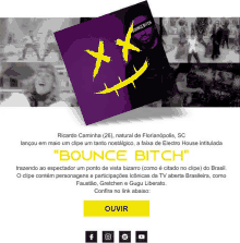 a purple poster with a smiley face and the words " bounce bitch " on it