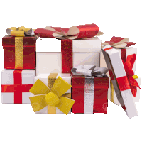 a stack of gift boxes with red white and gold ribbons and bows