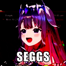 a picture of a girl with purple hair and the words seggs