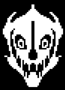 a black and white pixel art drawing of a bear 's head with horns .