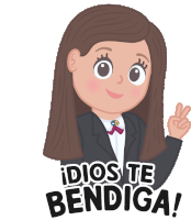 a cartoon girl giving a peace sign with the words dios te bendiga written below her