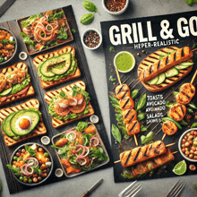 a poster for grill & go shows a variety of grilled foods