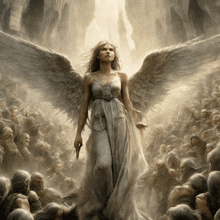 a painting of a woman with angel wings standing in front of a crowd of people