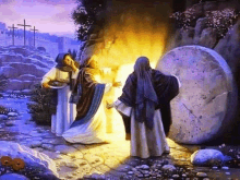 a painting of jesus coming out of the tomb with two women .