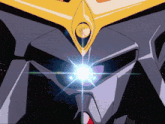 a close up of a robot 's head with a light coming out of it 's eyes