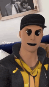 a man wearing a black hat and a yellow shirt has black eyes and a smile on his face