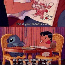 stitch and lilo are sitting at a table with a book and a drawing of stitch