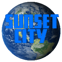 a picture of the earth with the words " sunset city " on it