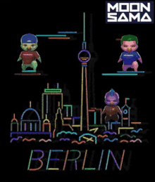 a poster for moon sama berlin with a city skyline in the background