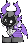 a cartoon drawing of a demon with purple horns and wings wearing a tuxedo and bow tie .