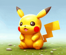 a pikachu is sitting in a grassy field with a blue sky in the background .