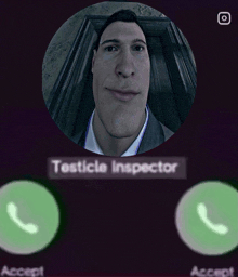 a picture of a man in a suit with the words testicle inspector on the bottom right