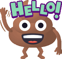 a cartoon illustration of a poop character with the words hello above it