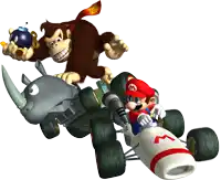 donkey kong is holding a bomb while mario is driving a kart