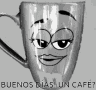 a mug with a cartoon face on it and the words buenos dias on the bottom