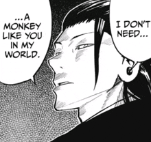 a black and white drawing of a man with a speech bubble saying " a monkey like you in my world "