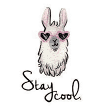 a llama wearing pink heart shaped sunglasses with the words `` stay cool '' written below it .