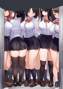 a group of anime girls standing next to each other in an elevator