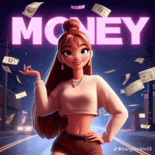 a cartoon girl stands in front of a neon sign that says money