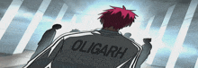 a man with red hair is wearing a jacket that says oligarh on the back