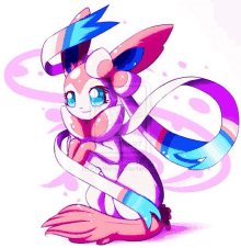 a drawing of a pink and white animal with a blue tail