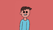 a cartoon of a man in a blue shirt is smiling on a red background