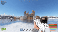 a screenshot of a video game shows a person holding a rifle with a smiley face on it