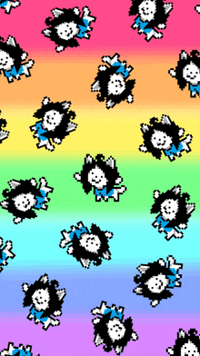 a rainbow colored background with a pattern of black and white cartoon characters