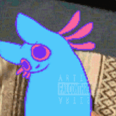 a pixel art drawing of a blue bird with pink feathers and the words arti falconthro on the bottom