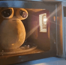 a stuffed animal with big eyes is being cooked in a microwave .