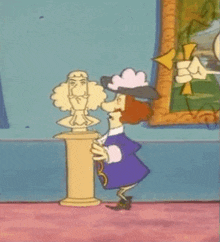a cartoon character is standing next to a bust of a man