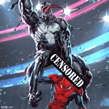 a picture of venom and spider-man with a sign that says censored on it