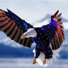 a bald eagle with an american flag on its wings is flying in the sky .