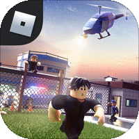 an app icon for roblox with a helicopter flying over a police station .