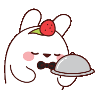 a cartoon bunny with a strawberry on its head holding a silver tray