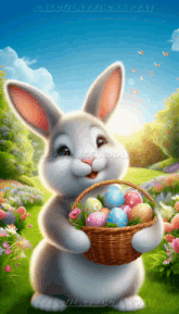a bunny is holding a basket of easter eggs in a garden