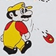 a cartoon of a man in yellow overalls and a red shirt is holding a red object .