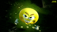 a cartoon smiley face is standing in the grass with the name joe below it
