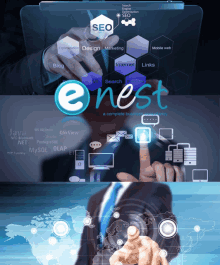 a man is pointing at a screen that says e nest on it