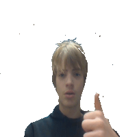 a young man giving a thumbs up sign with a white background