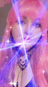 a woman with pink hair and a necklace is surrounded by purple lights