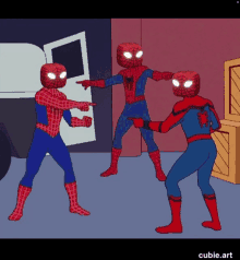 three spider-man are pointing at each other in a cartoon scene