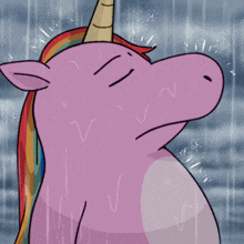 a pink unicorn with a rainbow mane is standing in the rain with its eyes closed