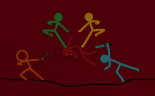 a group of stick figures are playing a video game and one of them is holding a sword