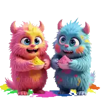 two monsters are standing next to each other holding bowls of powder