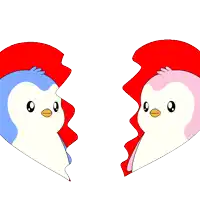 two penguins kissing inside of a heart with pink hearts