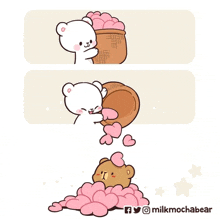 a cartoon of a teddy bear pouring hearts into another teddy bear .