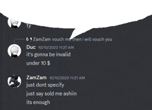 a screenshot of a discord conversation with a speech bubble that says " zamzam vouch me then i will vouch you "