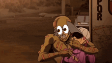a close up of a cartoon character with large eyes